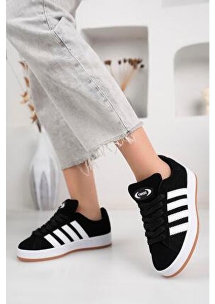 Unisex Klasik Bağcıklı Ortopedik Spor Sneaker Ayakkabı Siyah Beyaz Düz Taban
