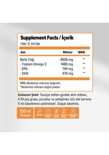 Ocean Balık Yağı Şurup Portakal Aromalı 150 ml