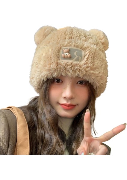 Kadınlar için sevimli ayı şapkası sonbahar ve kış kalın peluş şapka (Yurt Dışından)