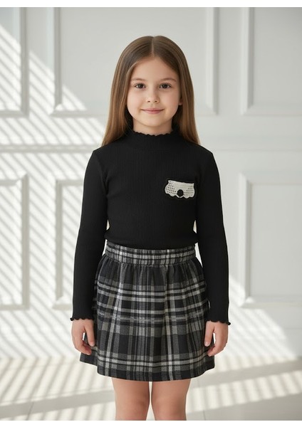 Kız Çocuk Ekose Etekli Bluz Alt Üst İkili Takım