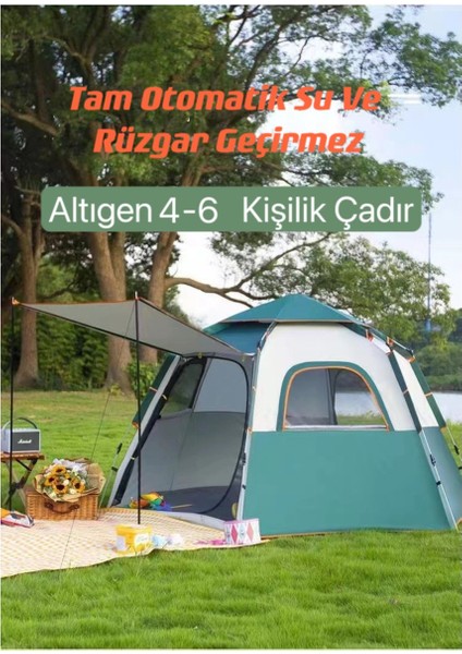 - Tam Otomatik Su ve Rüzgar Geçirmez Gölgelikli Altıgen Çadır Aile Çadırı 280*240*155 cm