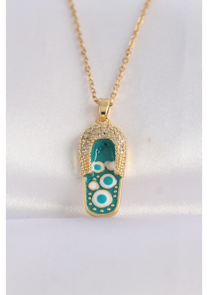 316L Çelik Zincir Zirkon Taşlı Altın Renk Nazarlı Terlik Tasarımlı Kolye - TJ-BKO8664 modelleri