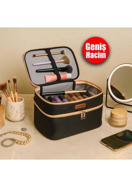 Geniş Çift Katlı Makyaj Çantası Su Geçirmez Büyük Boy Seyahat Organizeri Kozmetik Parfüm Taşıma Bölmeli Kadın Bakım Çantası