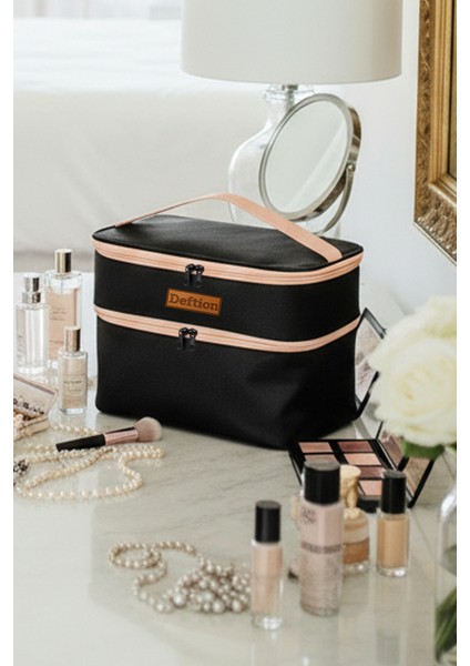 Geniş Çift Katlı Makyaj Çantası Su Geçirmez Büyük Boy Seyahat Organizeri Kozmetik Parfüm Taşıma Bölmeli Kadın Bakım Çantası indirimleri