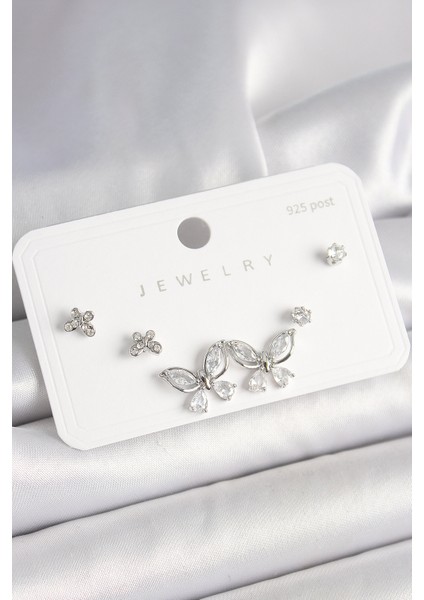 925 Ayar Gümüş Çivi Pirinç Gümüş Renk Zirkon Taşlı Kelebek Model Kadın Küpe Seti - TJ-BKP10394 fiyatları