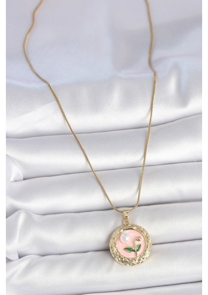 316L Çelik Gold Renk Zincir Pembe Çiçek Işlemeli Inci Detay Portre Model Kadın Kolye - TJ-BKO10079 fırsatları
