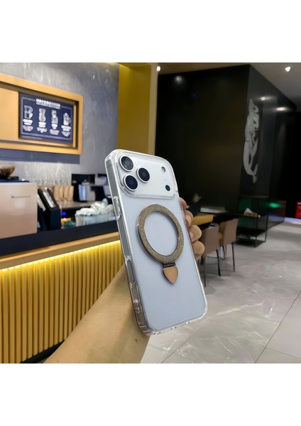 iPhone 17 Pro Max Tpu + Akrilik Şeffaf Telefon Kılıfı ve Parıltılı Halka Destekli (Yurt Dışından) modelleri