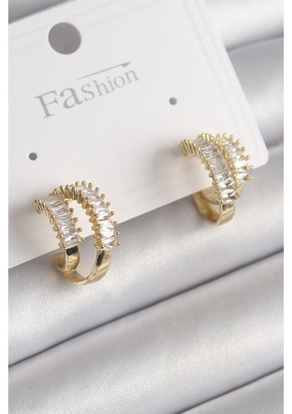Pirinç Gold Renk 2'Li Zirkon Taşlı Halka Model Kadın Küpe - TJ-BKP9975 fiyatları