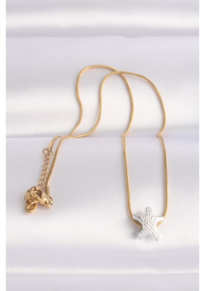 316L Çelik Zincir Altın Renk Zincirli Gümüş Renk Deniz Yıldızı Tasarımlı Kolye - TJ-BKO8607