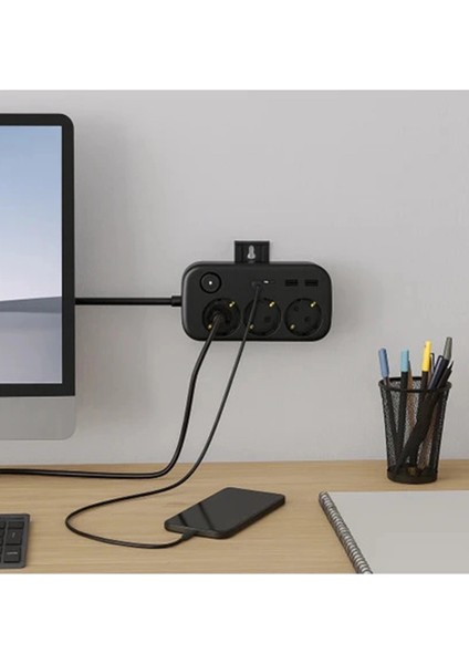 Akım Korumalı Priz 2 Usb + 2 Type-c Girişli 2 Metre Kablosu Anahtarlı Ve Duvara Monte Edilebilir