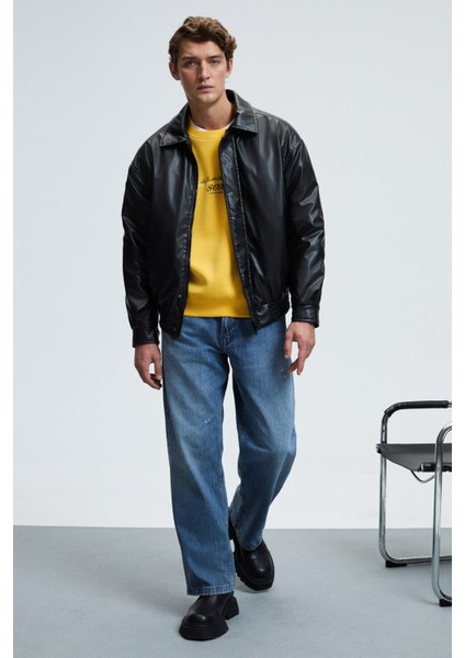 LEIF Erkek Kolları Biyeli Önü Baskılı Yuvarlak Yaka Oversize Sarı Sweatshirt indirimleri