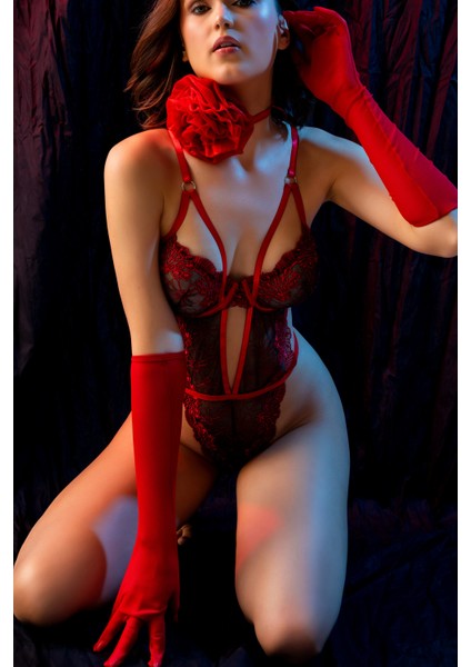 Bordo Transparan Çiçek Dantel Detaylı Seksi Body,fantezi Iç Giyim Takımı Eldivenli, Seksi 3'lü Set