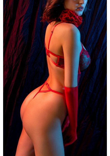 Bordo Transparan Çiçek Dantel Detaylı Seksi Body,fantezi Iç Giyim Takımı Eldivenli, Seksi 3'lü Set modelleri