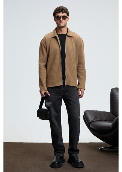 CRIMSON Erkek Waffle Özel Dokulu Fermuarlı Süs Etiketli Vizon Ceket