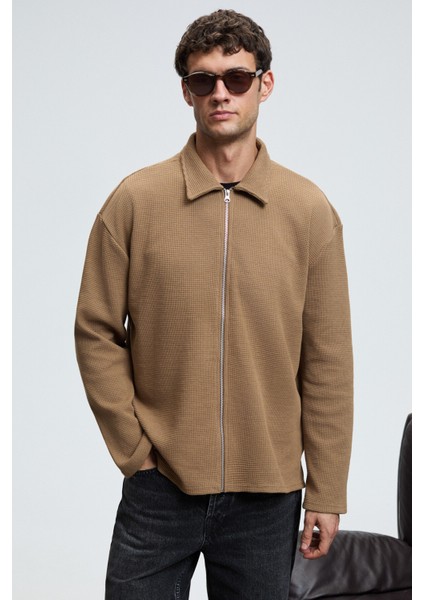 CRIMSON Erkek Waffle Özel Dokulu Fermuarlı Süs Etiketli Vizon Ceket fırsatları