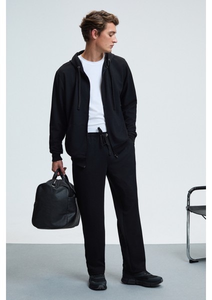 GRIFFIN Erkek Kordonlu Beli Lastikli Metal Kuş Gözü Detaylı Siyah Eşofman Altı