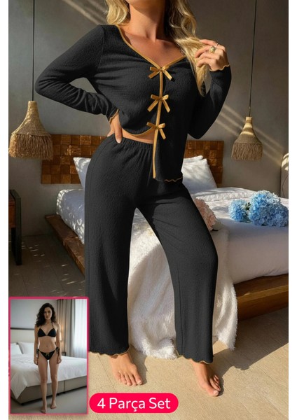 - Kadın Siyah Fiyonklu Iç Çamaşırı ve Uzun Kollu V Yaka Pijama Takımı 4'lü Set