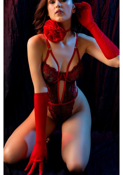 Bordo Transparan Çiçek Dantel Detaylı Seksi Body,fantezi Iç Giyim Takımı Eldivenli, Seksi 3'lü Set