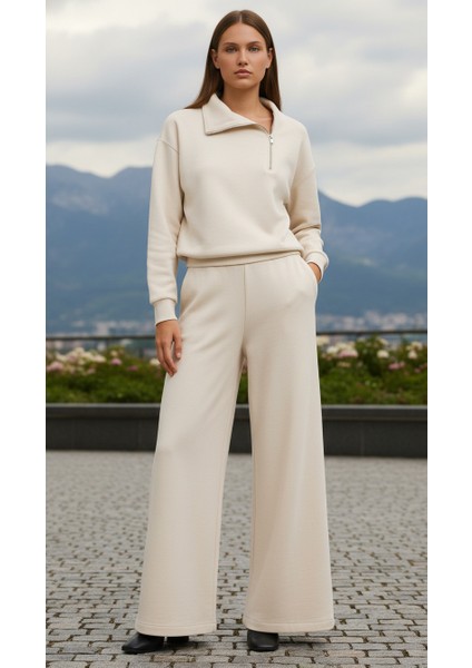 Yan Fermuarlı Modal Kumaş Bej Bol Paça Haki Eşofman Takımı