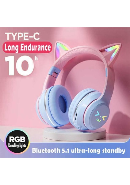 Kablosuz Kulaklıklar Rgb Sevimli Kediler Kızlar Çocuk Hediye Kulaklığı Mikrofon Müzik Oyunları Kulaklıklar Kontrol Işıkları Kulaklık E (Yurt Dışından)