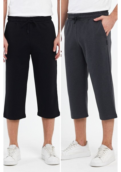 Erkek 2'li Yanları Cepli Bermuda Diz Altı Kapri Beli Ayarlanabilir Lastikli Uzun Şort