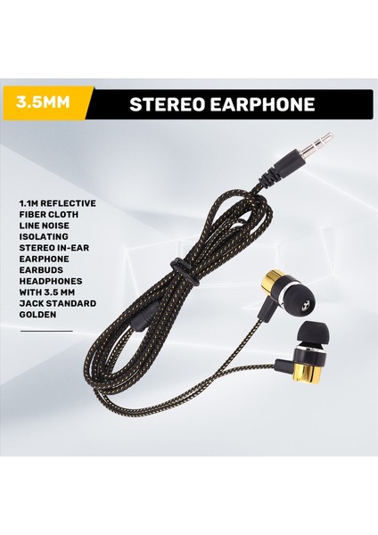 1.1m Yansıtıcı Fiber Bez Hattı Gürültü Izole Stereo Kulak Içi Kulaklık Kulaklıkları 3,5 mm Jack Standart Altın (Yurt Dışından) fırsatları