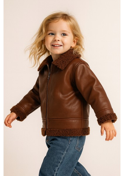 Kız Çocuk Egal Deri Kürklü Ceket Kahverengi