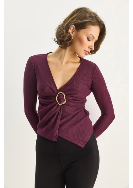 Kadın Kruvaze Yaka Gold Toka Detaylı Uzun Kollu Bluz fiyatları