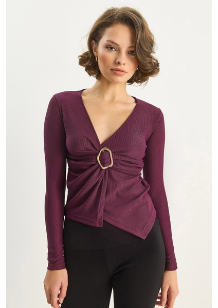 Kadın Kruvaze Yaka Gold Toka Detaylı Uzun Kollu Bluz modelleri