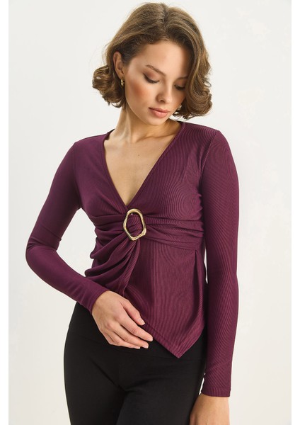 Kadın Kruvaze Yaka Gold Toka Detaylı Uzun Kollu Bluz fırsatları