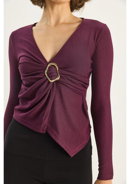 Kadın Kruvaze Yaka Gold Toka Detaylı Uzun Kollu Bluz indirimleri