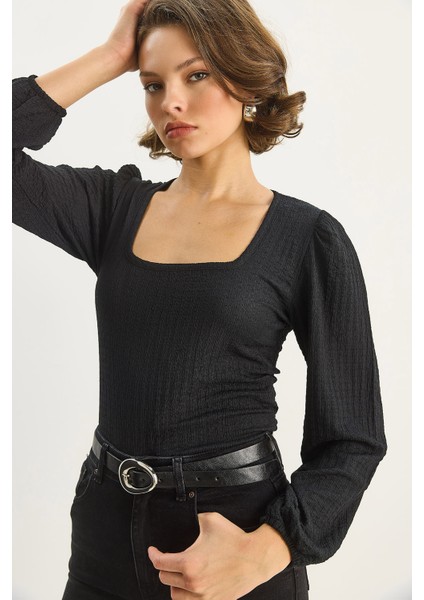 Kadın Kare Yaka Uzun Kollu Gofre Bluz fırsatları