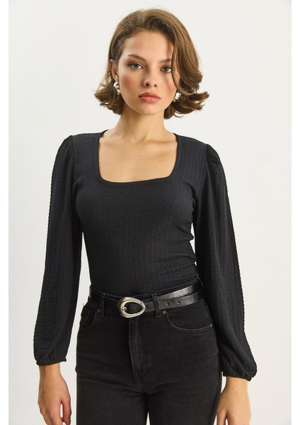 Kadın Kare Yaka Uzun Kollu Gofre Bluz indirimleri
