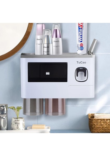 Otomatik Diş Macunu Dispenseri Sıkacağı Duvara Montaj ve Banyo Için Yerden Tasarru Diş Fırçası Tutucu (Gri 2 Bardak) (Yurt Dışından)