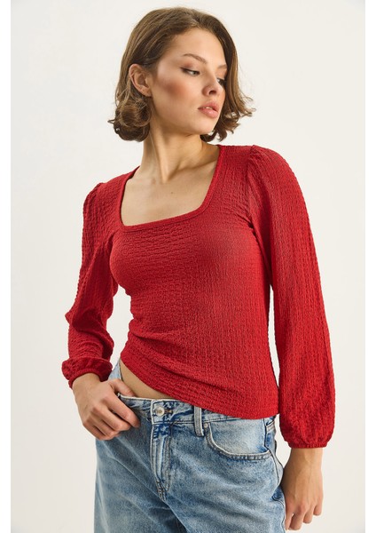 Kadın Kare Yaka Uzun Kollu Gofre Bluz fiyatları