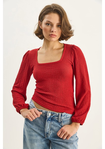 Kadın Kare Yaka Uzun Kollu Gofre Bluz modelleri