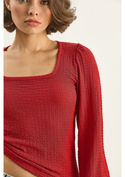 Kadın Kare Yaka Uzun Kollu Gofre Bluz indirimleri