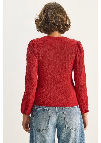 Kadın Kare Yaka Uzun Kollu Gofre Bluz