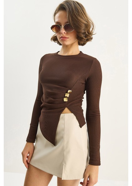 Kadın Bisiklet Yaka Asimetrik Kesim Aksesuar Detaylı Fitilli Bluz