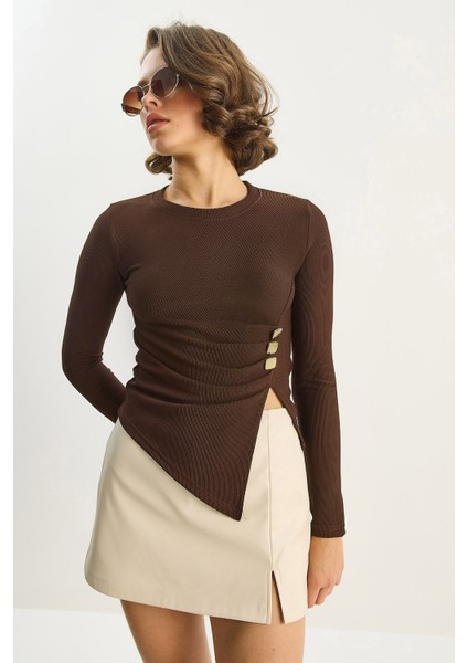 Kadın Bisiklet Yaka Asimetrik Kesim Aksesuar Detaylı Fitilli Bluz modelleri