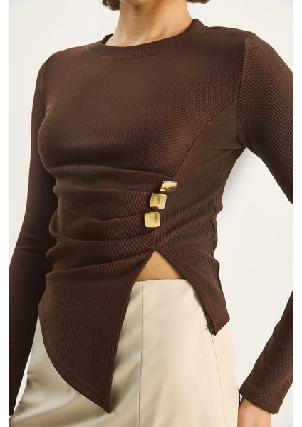 Kadın Bisiklet Yaka Asimetrik Kesim Aksesuar Detaylı Fitilli Bluz indirimleri