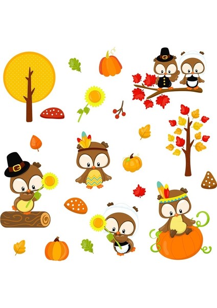 Baykuş Kabak Akçaağaç Yaprağı Pencere Çıkartması Yatak Odası Çocuk Odası Çıkartması (Yurt Dışından)