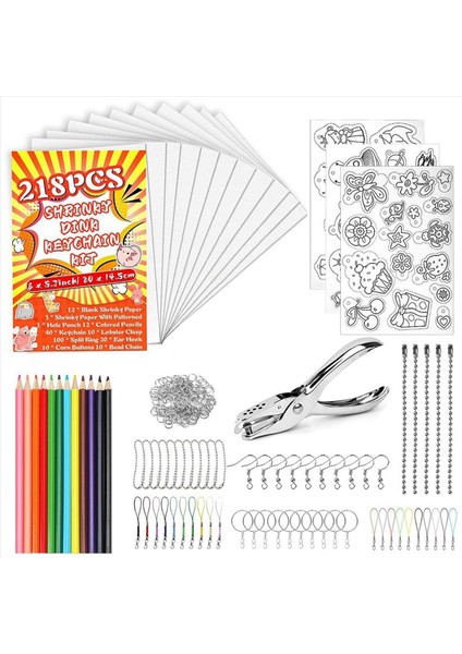 218PCS 12PCS Büzülen Çarşafları ile Küçülen Anahtarlık Kiti 3 Adet Desenli Büzülme Kağıt Renkli Kalemler (Yurt Dışından)