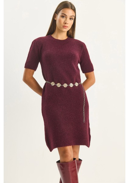 Kadın Bisiklet Yaka Kısa Kollu Yumuşak Dokulu Triko Elbise