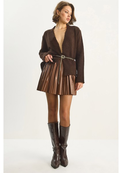 Kadın Deri Pileli Mini Etek