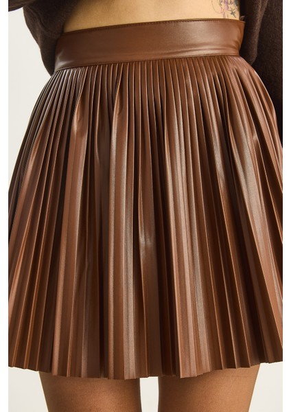 Kadın Deri Pileli Mini Etek