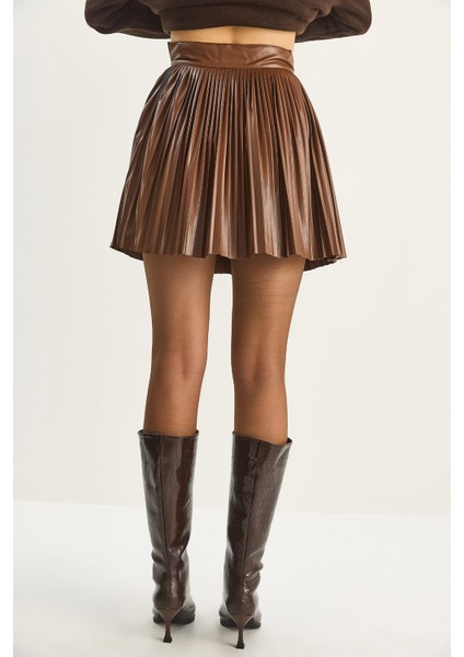 Kadın Deri Pileli Mini Etek