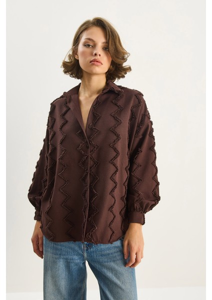 Kadın Zikzak Püsküllü Oversize Gömlek modelleri