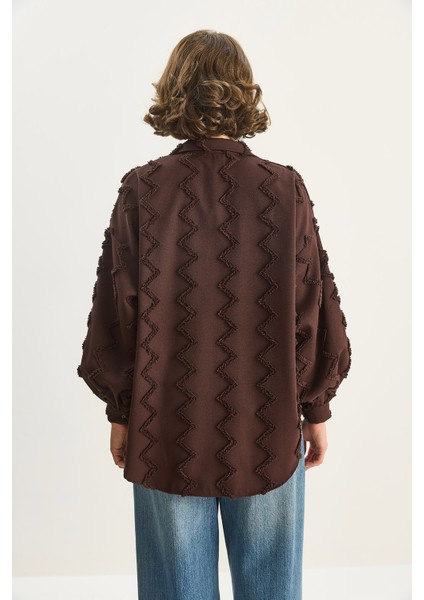 Kadın Zikzak Püsküllü Oversize Gömlek