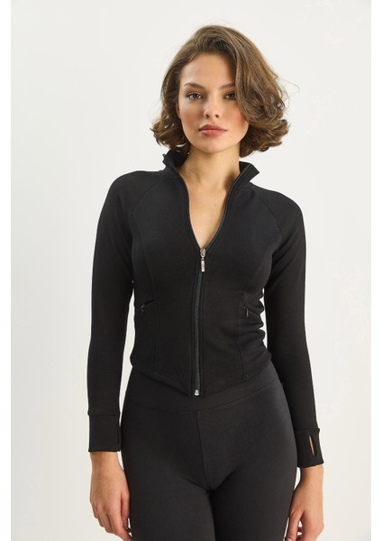 Kadın Fermuarlı Dik Yaka Fitted Çift Cepli Sporcu Hırka fiyatları